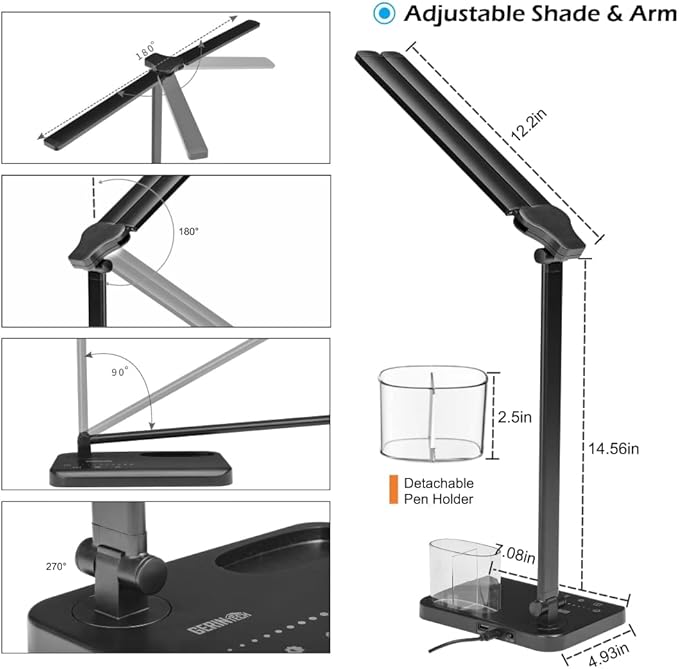 GERINTECH Dual Shade LED Desk Lamp with USB Charging Port & Pen Holder, Bright Table Lamp with Auto Shut-off Timer, 10 Adjustable Brightness, 5 Color Modes (Black) - LeafyLoom