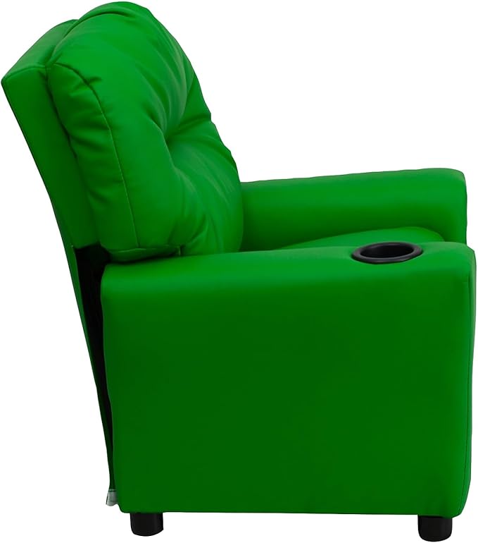 Flash Furniture Chandler Vinyl Kids Recliner with Cup Holder and Safety Recline, Contemporary Reclining Chair for Kids, Supports up to 90 lbs., Green - LeafyLoom