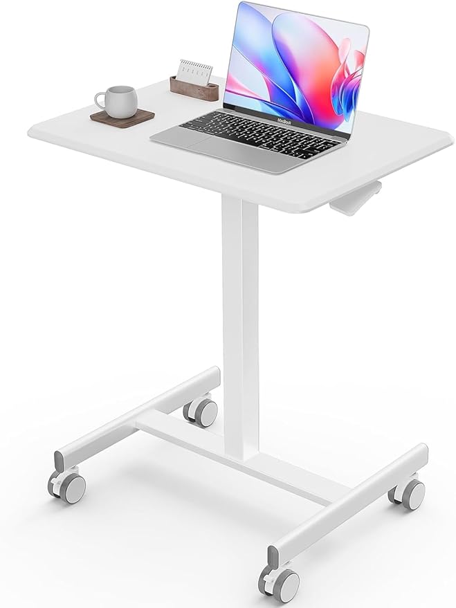 edx Small Mobile Rolling Standing Desk - Overbed Table, Teacher Podium with Wheels, Adjustable Work Table, Rolling Desk Laptop Computer Cart for Home, Office, Classroom, White - LeafyLoom