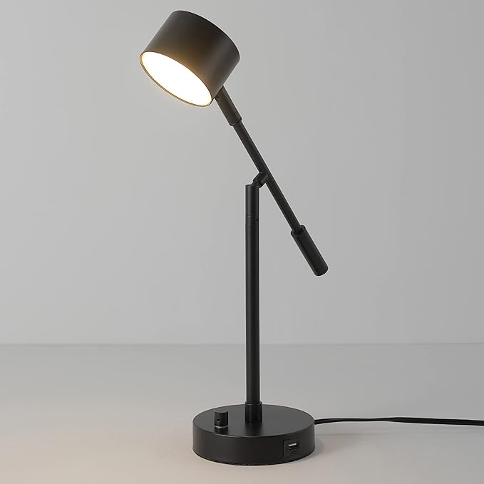 Globe Electric 52271 Aristocrat 16" Integrated LED Swing Arm Desk Lamp, Matte Black, Dimmable On/Off Rotary Switch at Base, 2.1A USB Port - LeafyLoom