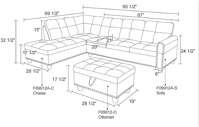 Faux Leather L-Shaped Sectional Sofa with Storage Ottoman, Nailhead Rivet Hemming Upholstered Modular Couch w/Reversible Cup Holder, for Living Room Apartment, 1-PU Black-r - LeafyLoom