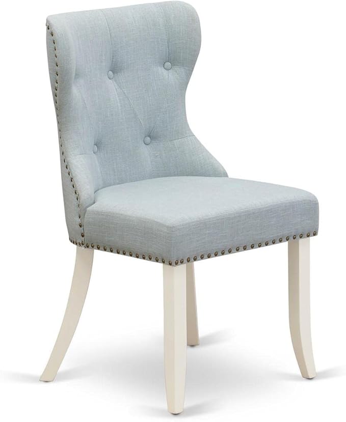 East West Furniture SIP2T15 Sion Parson Kitchen Button Tufted Nailhead Trim Baby Blue Fabric Upholstered Dining Chairs, Set of 2, Linen White - LeafyLoom