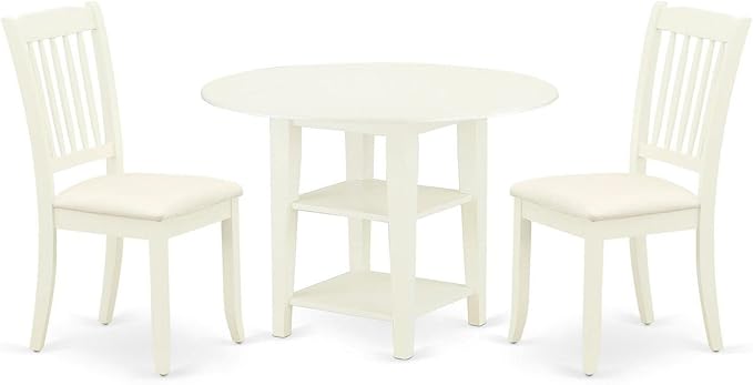 East West Furniture SUDA3-LWH-C 3 Piece Dining Table Set Contains a Round Dining Room Table with Dropleaf & Shelves and 2 Linen Fabric Upholstered Chairs, 42x42 Inch, Linen White - LeafyLoom