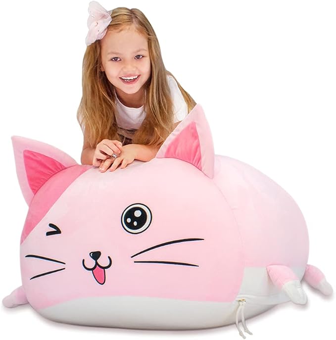 Cute Cat Bean Bag Chair for Kids, Pink Stuffed Animal Storage Beanbag Chairs for Girls Room Decor, Extra Large Size, Velvet Super Soft Cover Only - LeafyLoom