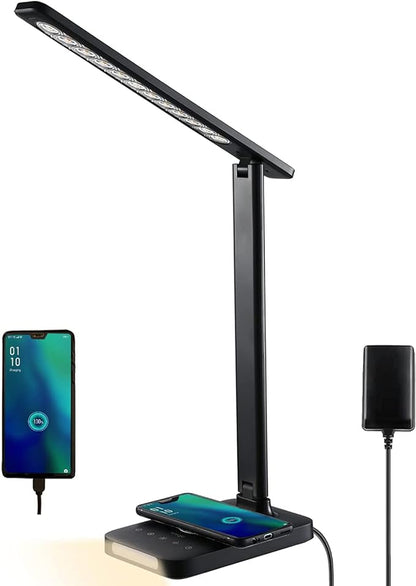 VAVOFO LED Desk Lamp with Fast Charger, USB Charging Port, Desk Light for Home Office with 5 Brightness Levels, Touch Control, 30/60 min Auto Timer, Eye-Caring Dimmable Table Lamp with Adapter - LeafyLoom