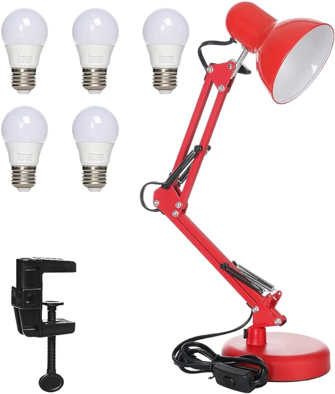 Led Desk Lamp with Clamp - Swing Arm Desk Lamp with 5 LED Cold Light Bulbs 6500K - Folding Table Lamp，Used for Office, Work, Study, Dormitory Reading and Eye Protection Desk Lamp (Red-5) - LeafyLoom