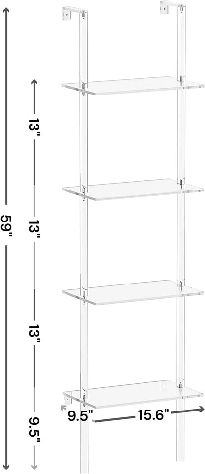 Small Acrylic Ladder Bookshelf, 9.5" D x 15.6" W, 4-Tier Clear Wall Mounted Book Shelf for Small Spaces, Multipurpose Bookcase for Living Room, Bathroom, Office, Modern, 59" H - LeafyLoom