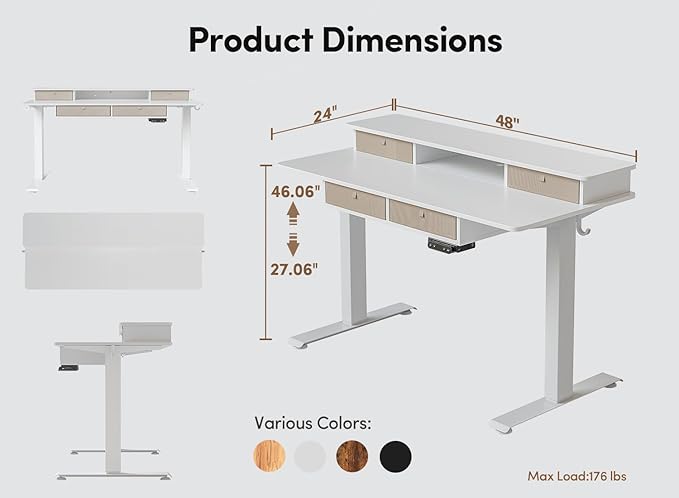 BANTI Height Adjustable Electric Standing Desk with 4 Drawers, 63 x 24 Inch Table with Storage Shelf, Sit Stand Desk, White Top - LeafyLoom