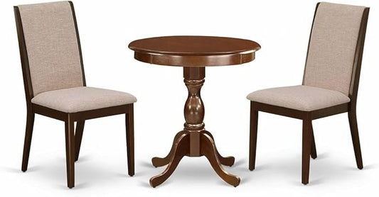 East West Furniture Eden 3 Piece Kitchen Set Contains a Round Dining Room Table with Pedestal and 2 Light Tan Linen Fabric Parsons Chairs, 30x30 Inch, Mahogany - LeafyLoom