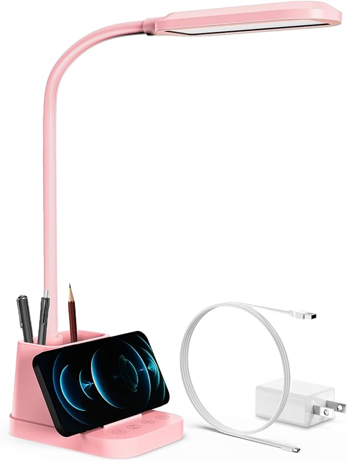 AXX Pink Desk Lamp for Kids, Cute Desk Light for Bedrooms, Kawaii Study Lamp with USB Charging Port - Small, LED, 650LM - Room College Dorm Essentials, Office Accessories for Women Teen Girls - LeafyLoom