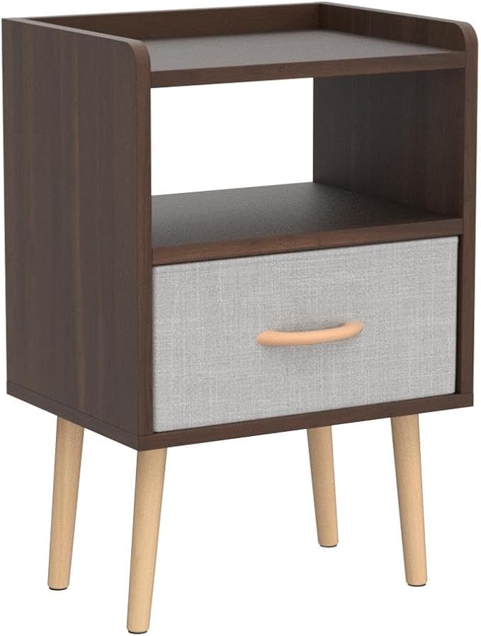 LUCKNOCK NightStand with Fabric Drawer, Bedside Table with Solid Wood Legs, Minimalist and Practical End Side Table with Open Storage Shelf for Bedroom, Rustic Brown. - LeafyLoom