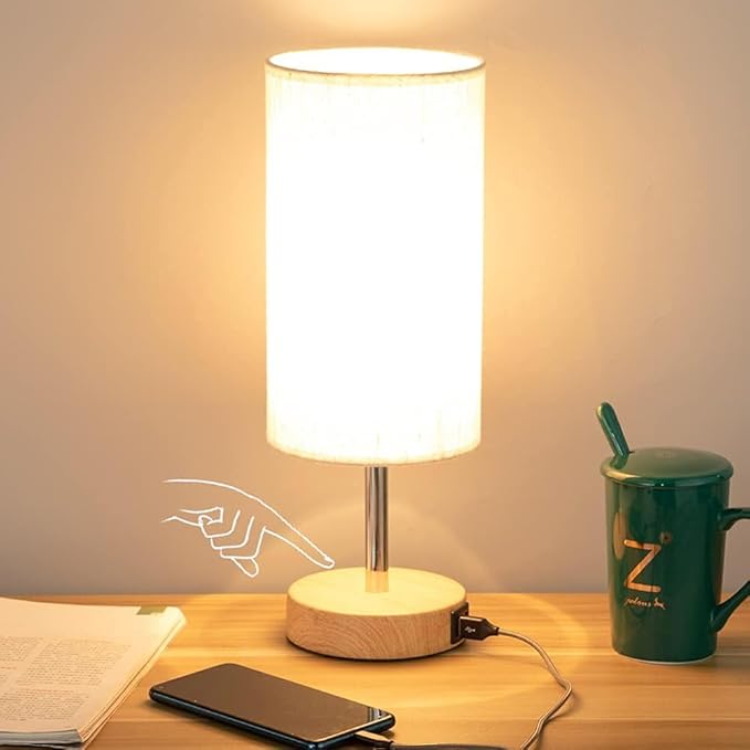 Yarra-Decor Bedside Table Lamp with USB Port - Touch Control for Bedroom Wood 3 Way Dimmable Nightstand Lamp with Round Flaxen Fabric Shade for Living Room, Dorm, Home Office (LED Bulb Included) - LeafyLoom