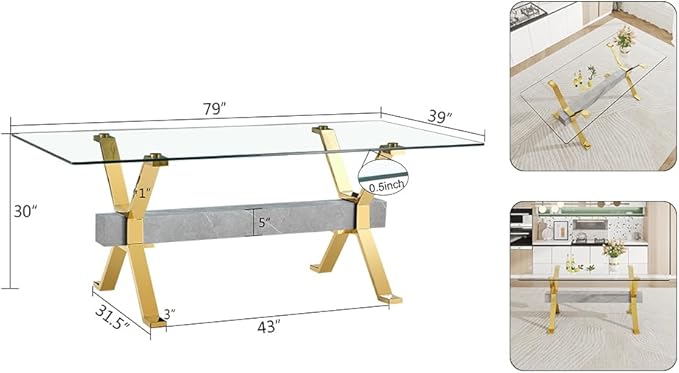 Rectangular Table with Tempered Glass Tabletop,Modern Dinner Desk W/Metal Tubular Legs, Home,Kitchen,Dining Room,Office,Gold, 79" Marble Color Crossbars - LeafyLoom