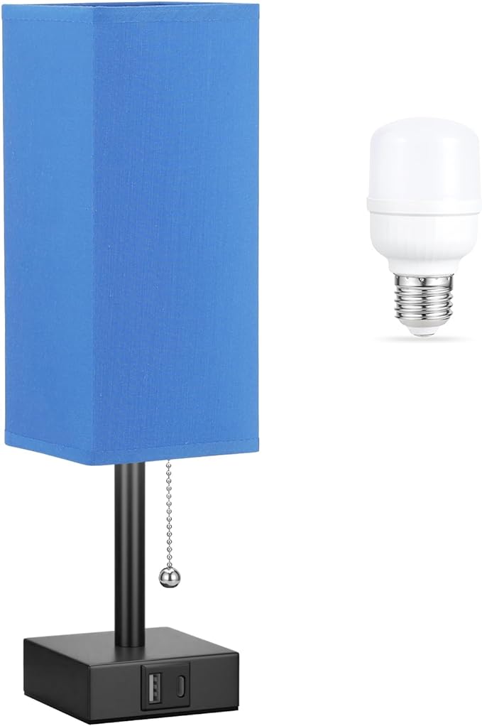 Blue Small Table Lamp for Bedroom - 3 Color Temperature 3000K 5000K 4000K Bedside Lamp, Pull Chain Control, USB A and C Charging Ports, Black Base, for Kids Office Dorm nightstand, Bulb Included - LeafyLoom