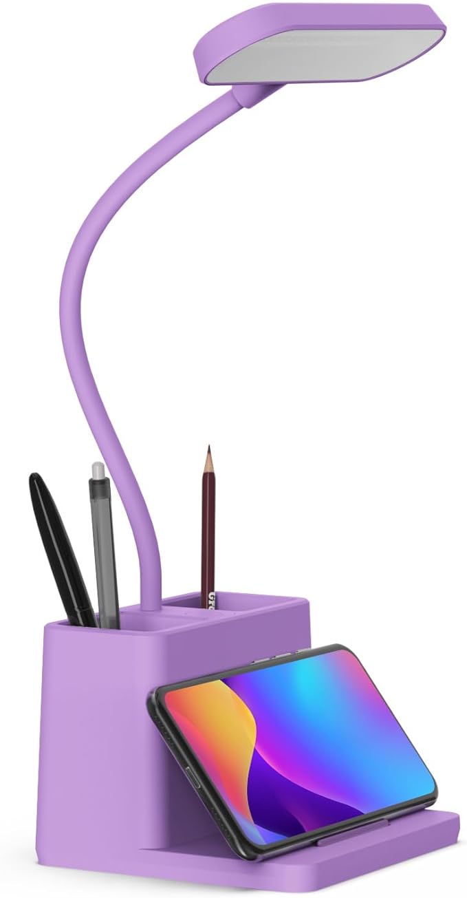 AXX Purple Desk Lamp, Study Lamp/Desktop Lamps for Small Spaces - Small, Battery Operated, Rechargeable, Cute, Gooseneck, Mini, Cordless - College Dorm Room/Home Office Desk Accessories - LeafyLoom