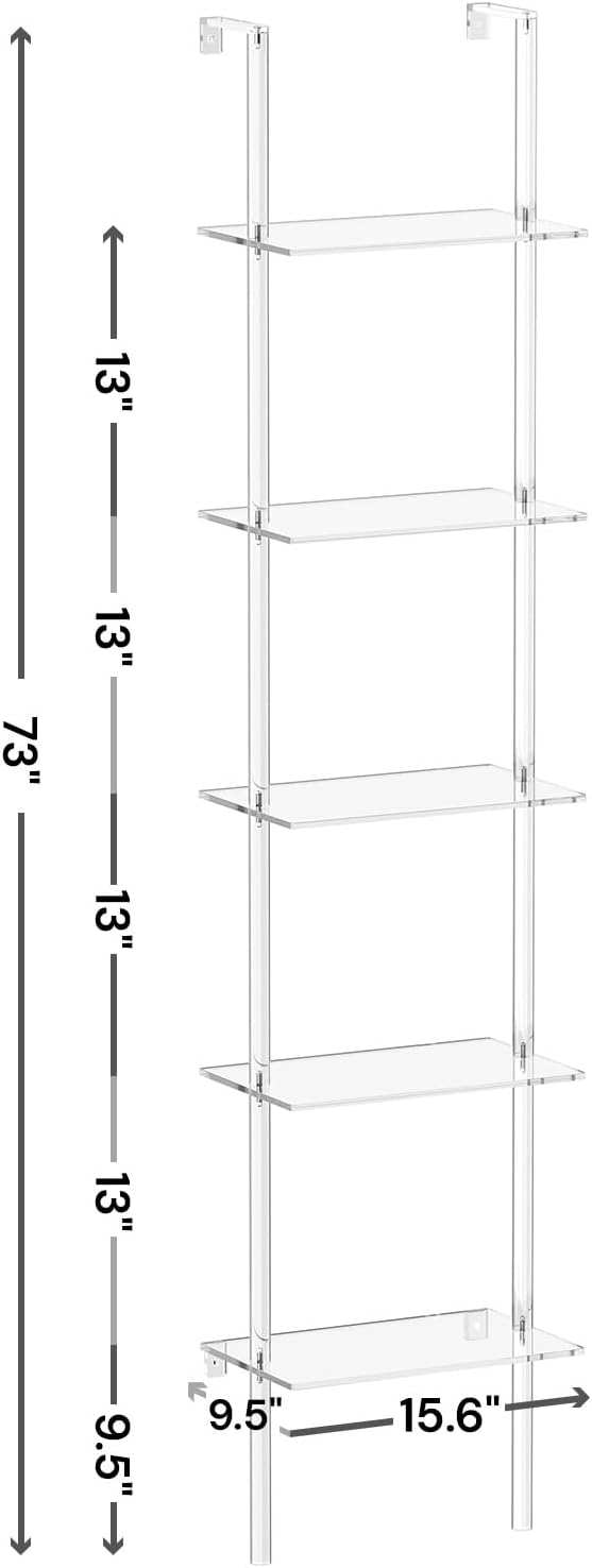 Small Acrylic Ladder Bookshelf, 9.5" D x 15.6" W, 5-Tier Clear Wall Mounted Book Shelf for Small Spaces, Multipurpose Bookcase for Living Room, Bathroom, Office, Modern, 73" H - LeafyLoom