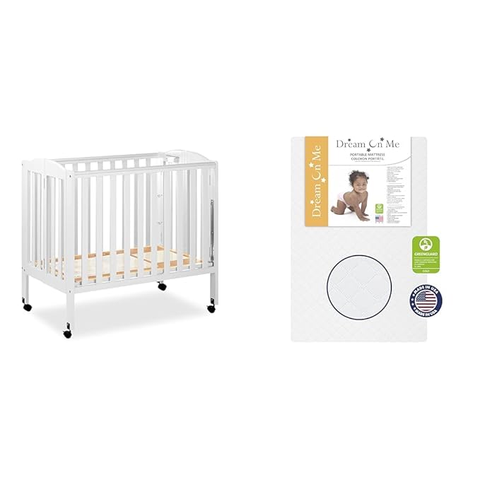 3 in 1 Portable Folding Stationary Side Crib in White, Greenguard Gold & Sunset 3” Extra Firm Fiber Crib Mattress, Greenguard Gold Certified, Waterproof Vinyl Cover - LeafyLoom