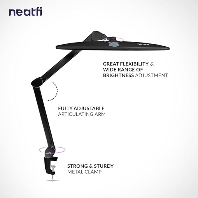 Neatfi Elite HD XL Task Lamp, 3 Adjustable Light Modes, 22 Inches Wide, 2260 Lumens, 84PCS SMD LED, Super Bright Desk Lamp, Non-Polar Dimming (CCT with Clamp, Black, 22 Inches) - LeafyLoom