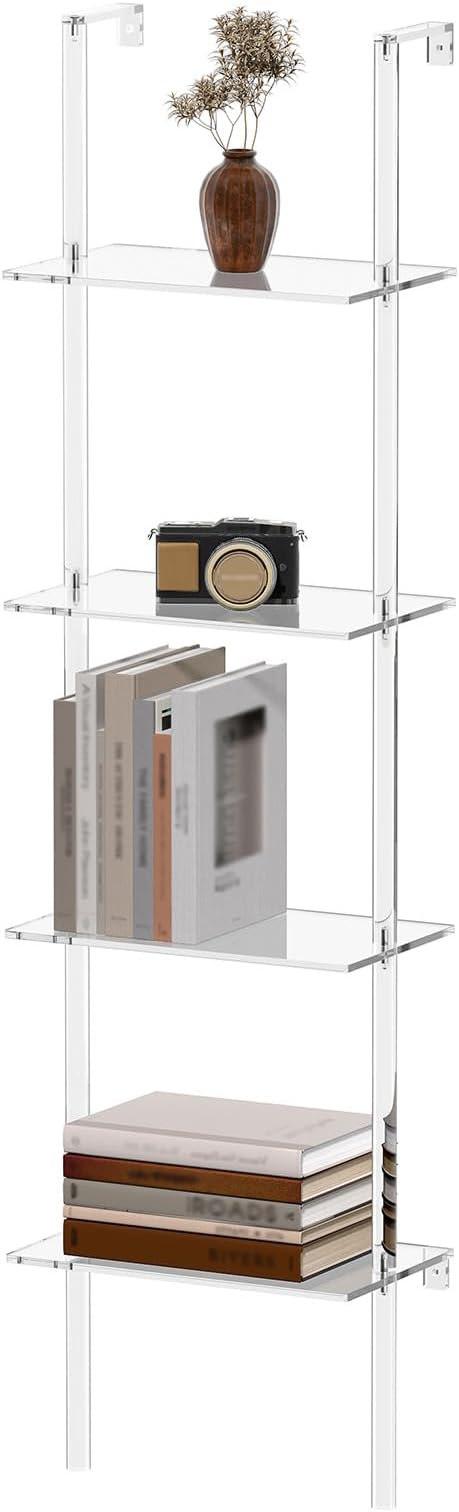 Small Acrylic Ladder Bookshelf, 9.5" D x 15.6" W, 4-Tier Clear Wall Mounted Book Shelf for Small Spaces, Multipurpose Bookcase for Living Room, Bathroom, Office, Modern, 59" H - LeafyLoom