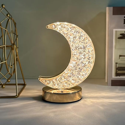 Cordless Moon Crystal Table Lamp,3-Color Touch Control, Rechargeable Battery - Ideal Bedside Lamp for Bedroom Nightstand (Gold Moon) - LeafyLoom