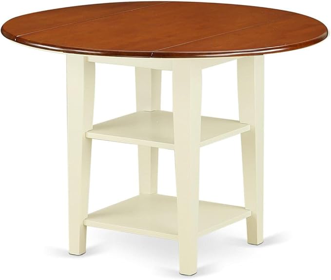 East West Furniture SUAN3-BMK-W 3 Piece Dining Room Table Set Contains a Round Dining Table with Dropleaf & Shelves and 2 Wood Seat Chairs, 42x42 Inch, Buttermilk & Cherry - LeafyLoom