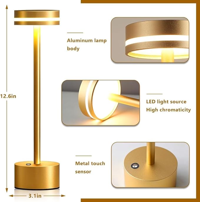 Cordless Metal Desk Lamp,Portable LED Table Lamp with Touch Sensor,3 Color Rechargeable Lamp,3-Levels Brightness Lamp,Night Light for Kids Nursery,Bedside Lamp,Dining Room Lamp (Gold) - LeafyLoom