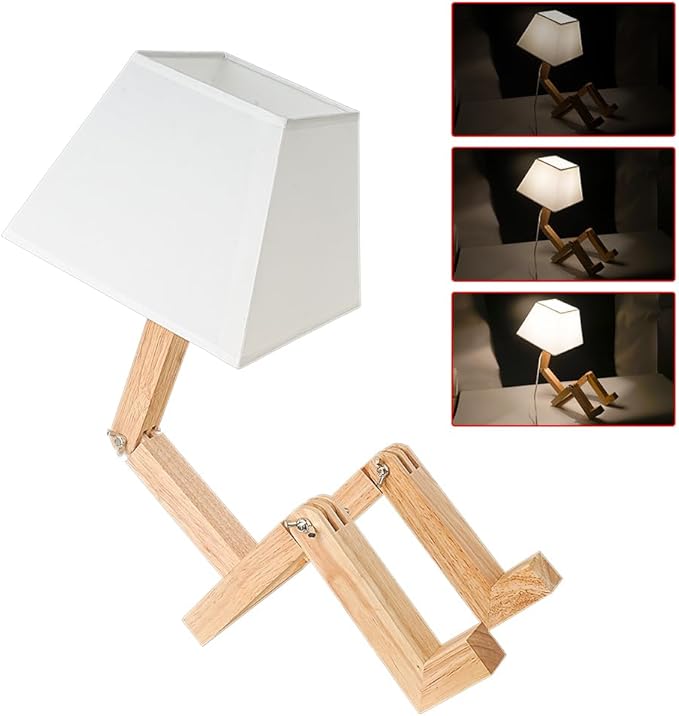 ELINKUME Cute Robot Desk Lamp,Dimmable Bedside Table Lamps,Square Lampshade Night Light with Foldable Solid Wood Body,Fun Kids Lamp, Nightstand lamp for Bedroom,Study,Office,Living room(Gift) - LeafyLoom