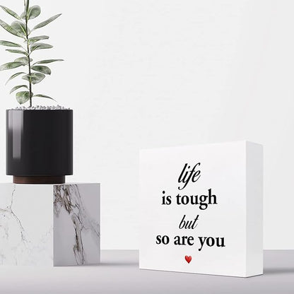 Life Is Tough but so Are You Wooden Sign,Inspirational Wooden Box Sign,Motivational Quotes Desk Decor,Positive Wood Signs,Funny Office Signs for Desk - LeafyLoom