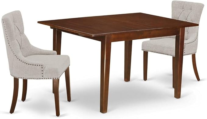 East West Furniture Milan 3 Piece Set Contains a Rectangle Dining Room Table with Butterfly Leaf and 2 Doeskin Linen Fabric Parsons Chairs, 36x54 Inch, Mahogany - LeafyLoom