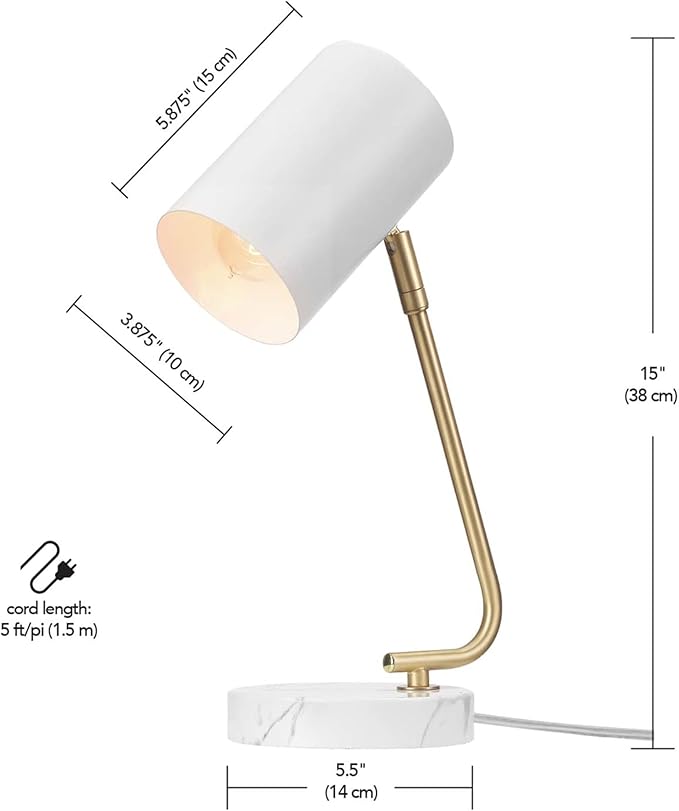 Globe Electric Novogratz x 65784 Athena 15" Desk Lamp, White Shade, Brass Arm, White Faux Marble Base - LeafyLoom