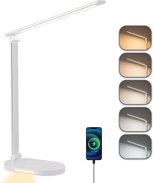 LED Desk Lamp for Home Office, Dimmable Table Lamp with USB Charging Port, 5 Lighting Modes, Sensitive Control, 60 Minutes Auto-Off Timer, Eye-Caring Office Lamp(White) - LeafyLoom