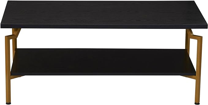 Household Essentials Crown Rectangular Coffee Table with Storage Shelf Black Oak Wood Grain and Gold Metal - LeafyLoom