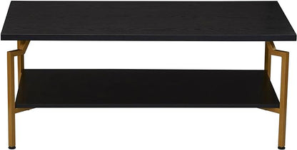 Household Essentials Crown Rectangular Coffee Table with Storage Shelf Black Oak Wood Grain and Gold Metal - LeafyLoom