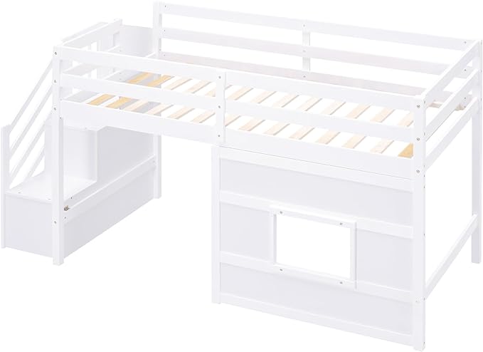 Twin Size Low Loft Bed with Storage Staircase,Kids Loft Bed Twin with Window,Space-Saving Low Loft Bed Frame for for Teens, Boys, Girls,White - LeafyLoom