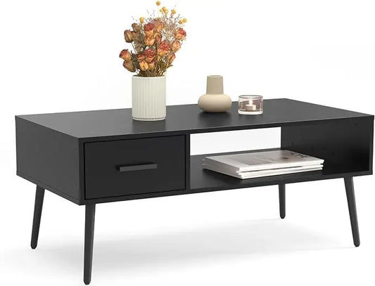 HAIOOU Coffee Table, Mid Century Modern Style Cocktail Table TV Stand with Drawer, Open Storage Shelf, Stable Floor-Anti-Scratching Pine Leg for Home, Office, Living Room - Black - LeafyLoom