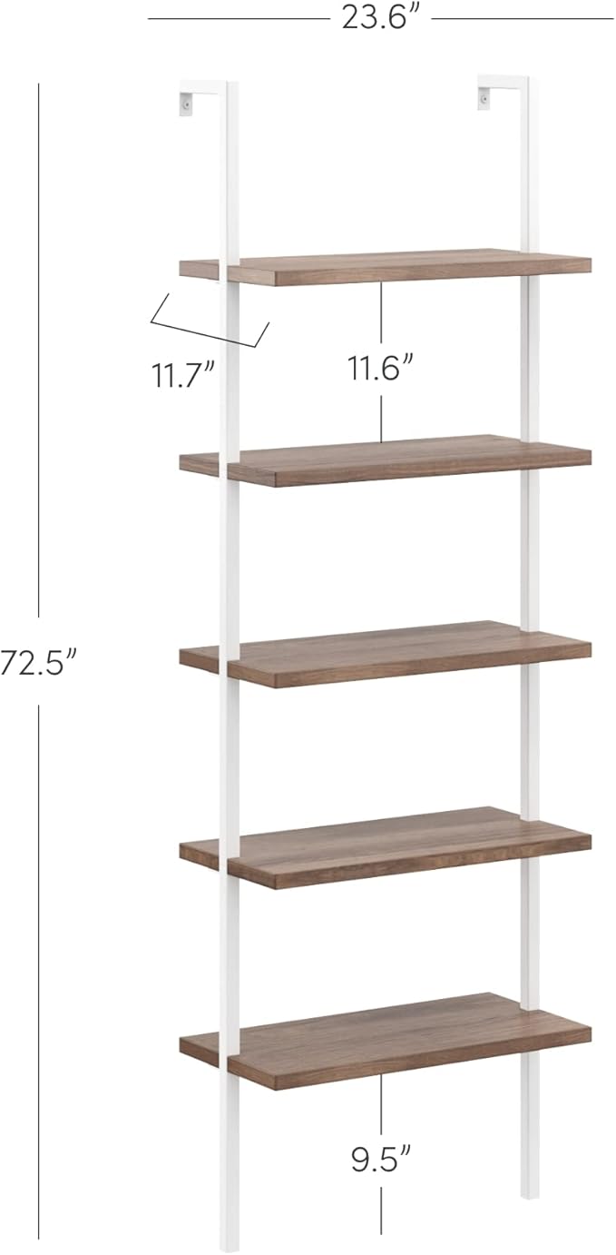 Nathan James Theo 5-Shelf Wood Modern Bookcase, Open Wall Mount Ladder Bookshelf with Industrial Metal Frame, Light Brown Oak/White - LeafyLoom