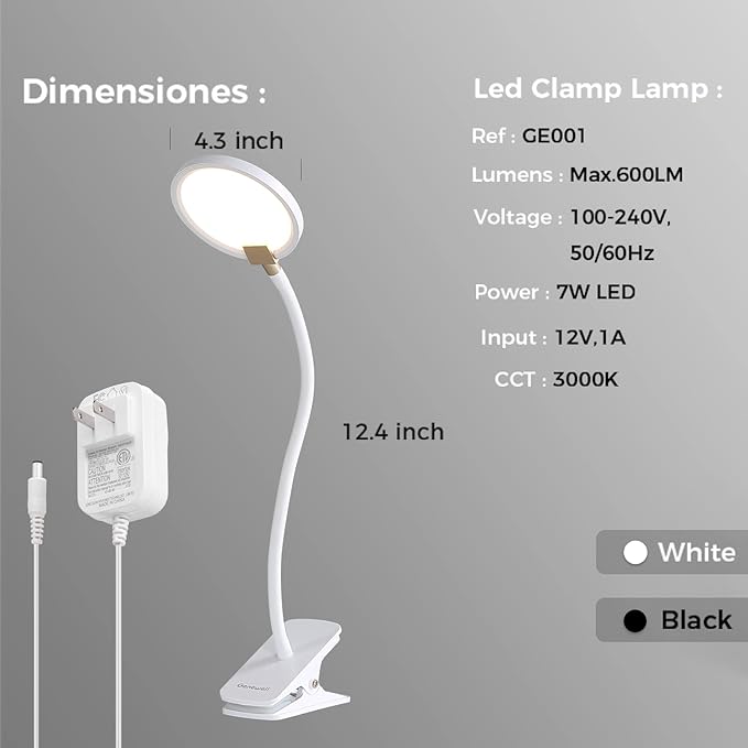 7W Flexible Gooseneck LED Desk lamp Touch 3 Steps Dimmable LED Clip on Light Reading lamp Warm White 3000K 3 Brightness Book Lights Eye Caring Clamp lamp - LeafyLoom