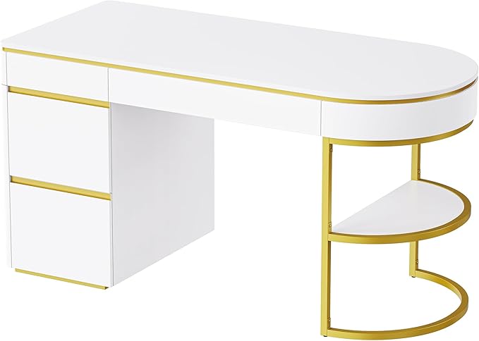 NicBex Laik-DW-00036-DX Desks, 60" W x 26.1" D x 31.9" H, Gold+White - LeafyLoom