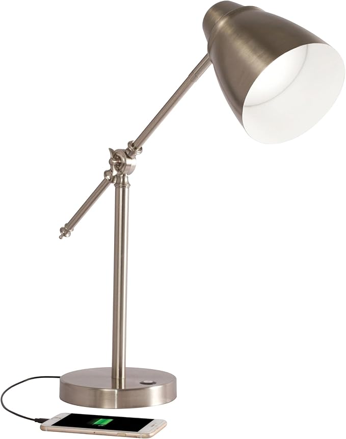 OttLite Harmonize LED Desk Lamp - 2.1A USB Charging Port, 3 Brightness Settings, Brushed Nickel - LeafyLoom