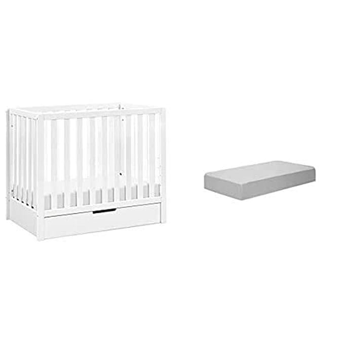 Carter's by Davinci Colby 4-in-1 Convertible Mini Crib with Trundle in White with Complete Slumber Mini Crib Mattress - LeafyLoom