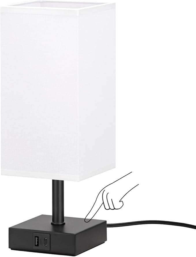 Ambimall White Table Lamp with USB Ports - 3 Way Touch Lamps Beside Desk, Nightstand Lamp for Bedrooms Living Room, White Shade with Black Base, LED Bulb Included(White) - LeafyLoom