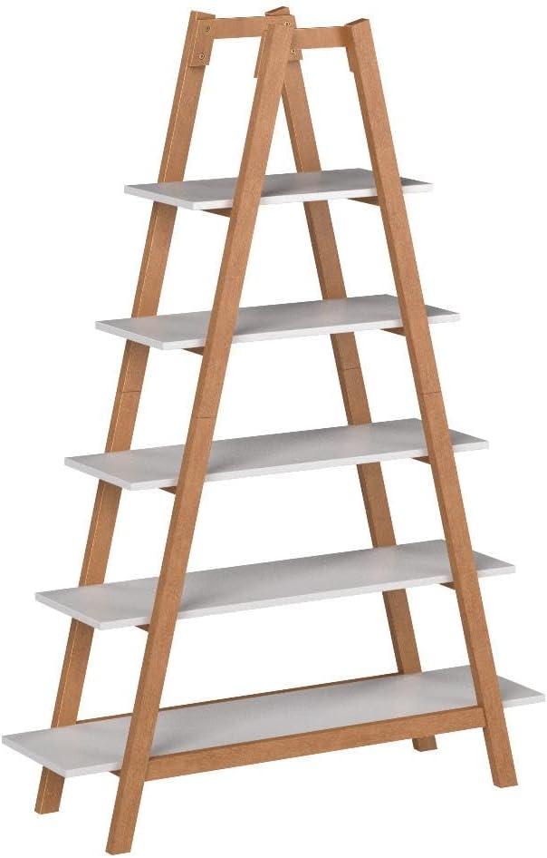 Nathan James 62201 Carlie 5-Shelf Ladder Bookcase, Display or Decorative Storage Rack with White and Rove Brown Wooden Ladder Shelves - LeafyLoom