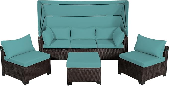 6 PCS Outdoor Patio Furniture Set,Sectional Sofa Set,Rattan Daybed with Retractable Canopy,Adjustable Backrest,Storage Coffee Table,Chaise Chair Sunbed for Garden Poolside Backyard(Walnut Green) - LeafyLoom