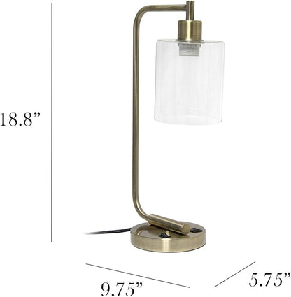 Simple Designs LD1066-ABS Bronson Antique Style Industrial Iron Lantern Desk Lamp with 2 Dual USB Ports and Glass Shade, Antique Brass - LeafyLoom