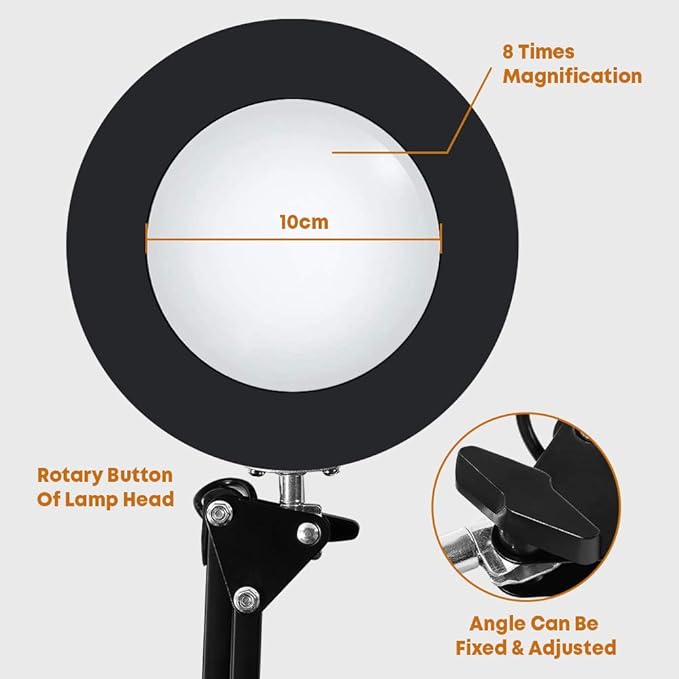 8X Magnifying Glass LED Light with Clamp, 12W Dimmable Magnifier Desk Lamp with 3 Light Colors 10 Brightness, 6.3″ Real Glass Lens, Adjustable Swivel Arm Magnifier Light for Reading Close Work Craft - LeafyLoom