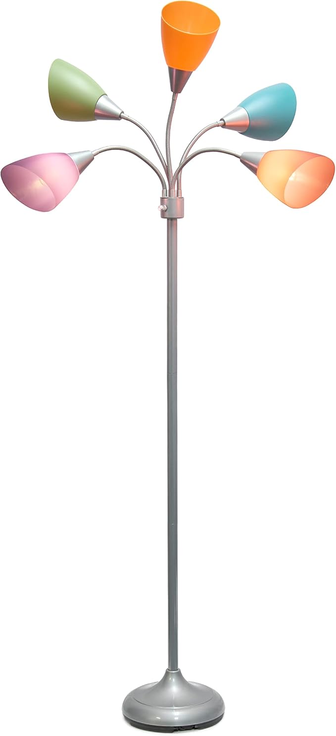 Simple Designs LF2006-SLM 67" Contemporary Multi Head Medusa 5 Light Adjustable Gooseneck Silver Floor Lamp with Fun Light Multicolored Shades for Kids Bedroom Playroom Living Room Office - LeafyLoom