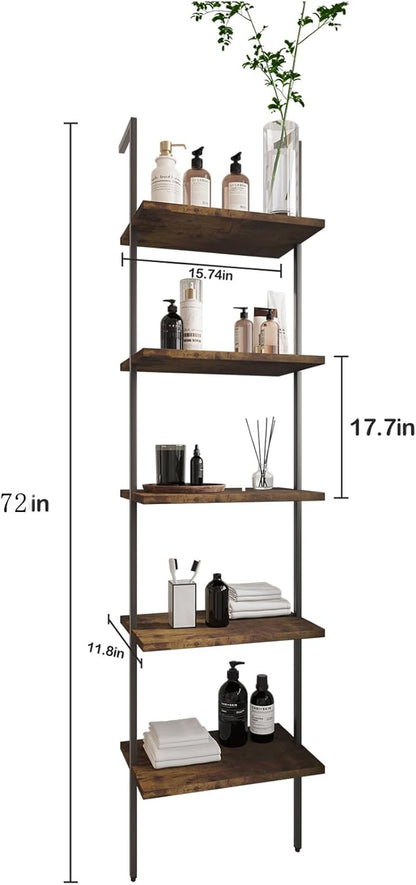 Ladder Shelf 5 Tiers Metal Industrial Bookshelf,Rustic Brown Wood Tall Open Storage Rack and Display Shelves,Wall Mount Wide Book Case for Home Office Bedroom,Small - LeafyLoom