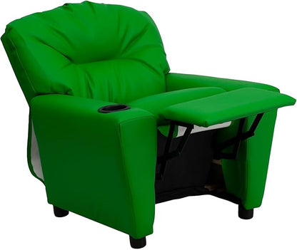 Flash Furniture Chandler Vinyl Kids Recliner with Cup Holder and Safety Recline, Contemporary Reclining Chair for Kids, Supports up to 90 lbs., Green - LeafyLoom