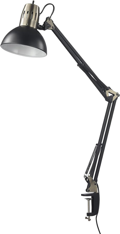 Globe Electric 62000009 32" Multi-Joint Desk Lamp with Metal Clamp, Matte Black, Antique Brass Accents, On/Off Rotary Switch on Shade, Partially Adjustable Swing Arm, Home Décor, Office Accessory - LeafyLoom