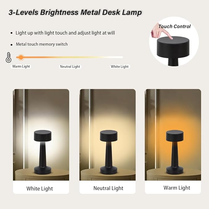 Portable LED Table Lamp, 3-Levels Brightness Metal Desk Lamp, 3 Color Touch Control Rechargeable Lamp, Night Light, Bedside Lamp,Dining Room Lamp,Gifts for Friends (Black) - LeafyLoom